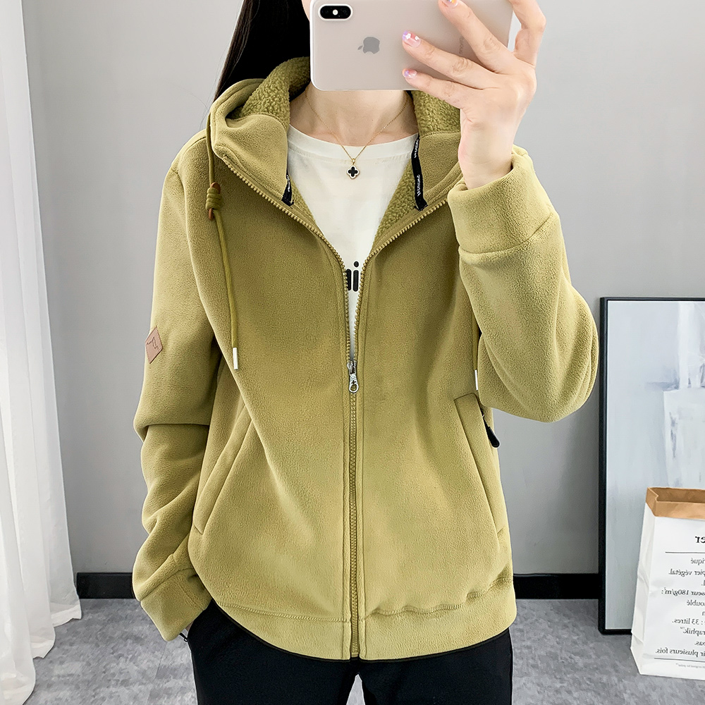 户外连帽运动抓绒衣女上衣加厚保暖冲锋衣内胆摇粒绒外套女开衫秋