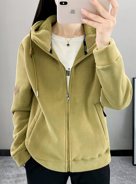 户外连帽运动抓绒衣女上衣加厚保暖冲锋衣内胆摇粒绒外套女开衫秋