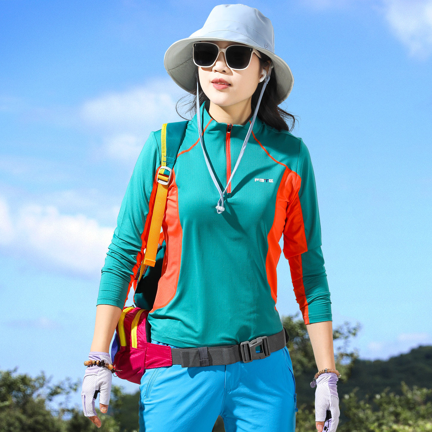 长袖T恤女夏季新款时尚拼色弹力立领上衣户外休闲防晒透气速干衣