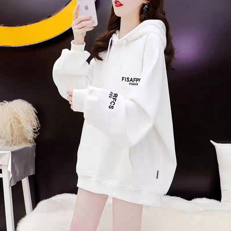 韩版小众字母印花卫衣外套女春秋款中长款初秋连帽2024新款加绒潮