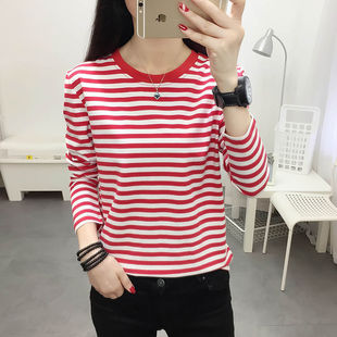 春季韩版新款纯棉春夏天里面穿的衣服女长袖条纹T恤百搭打底小衫
