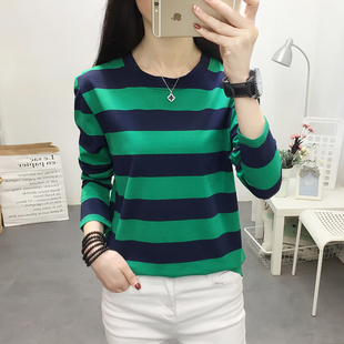 春季韩版新款纯棉春夏天里面穿的衣服女长袖条纹T恤百搭打底小衫
