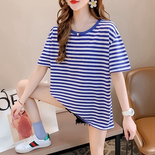 夏季新款蓝白条纹海魂衫短袖t恤女宽容上衣服夏天女装全棉丅血裇