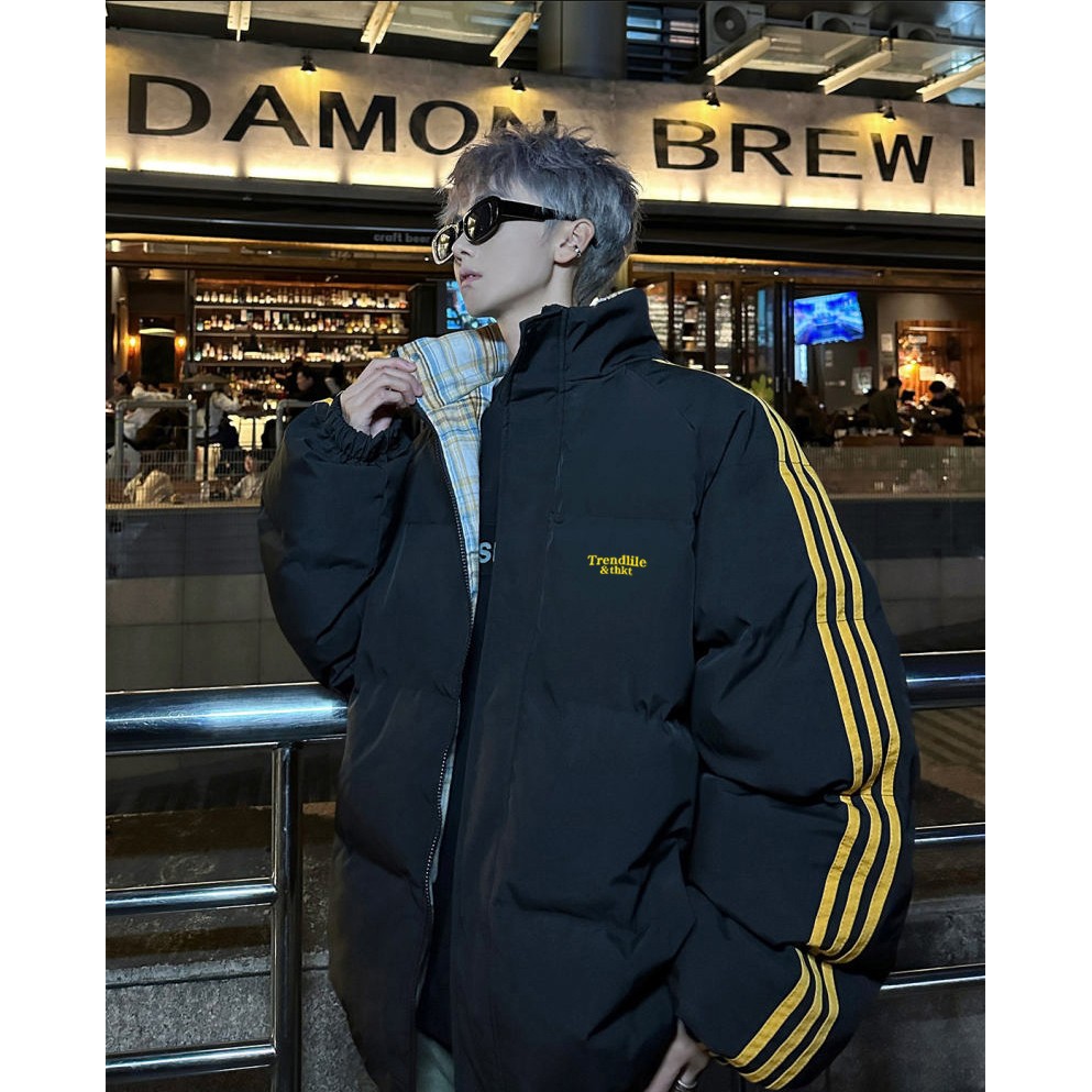 美式短款撞色格子棉服男款冬季