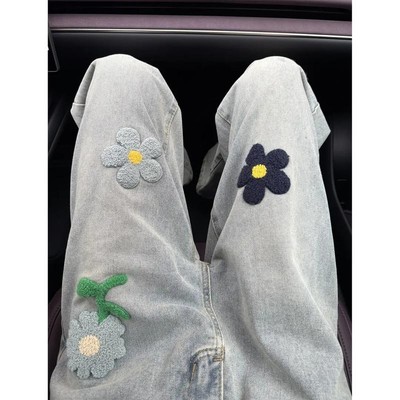 花朵刺绣微喇牛仔裤男款秋季小众设计感vibe裤子美式高街植绒长裤