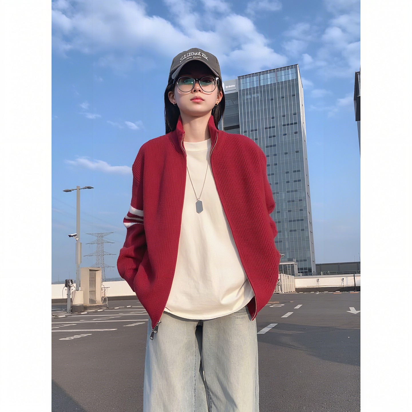 红色三条杠立领开衫毛衣男女款冬季加厚外套双拉链情侣针织衫夹克