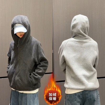 结构连帽摇粒绒外套男秋冬季美式高街青少年夹克潮牌休闲宽松上衣
