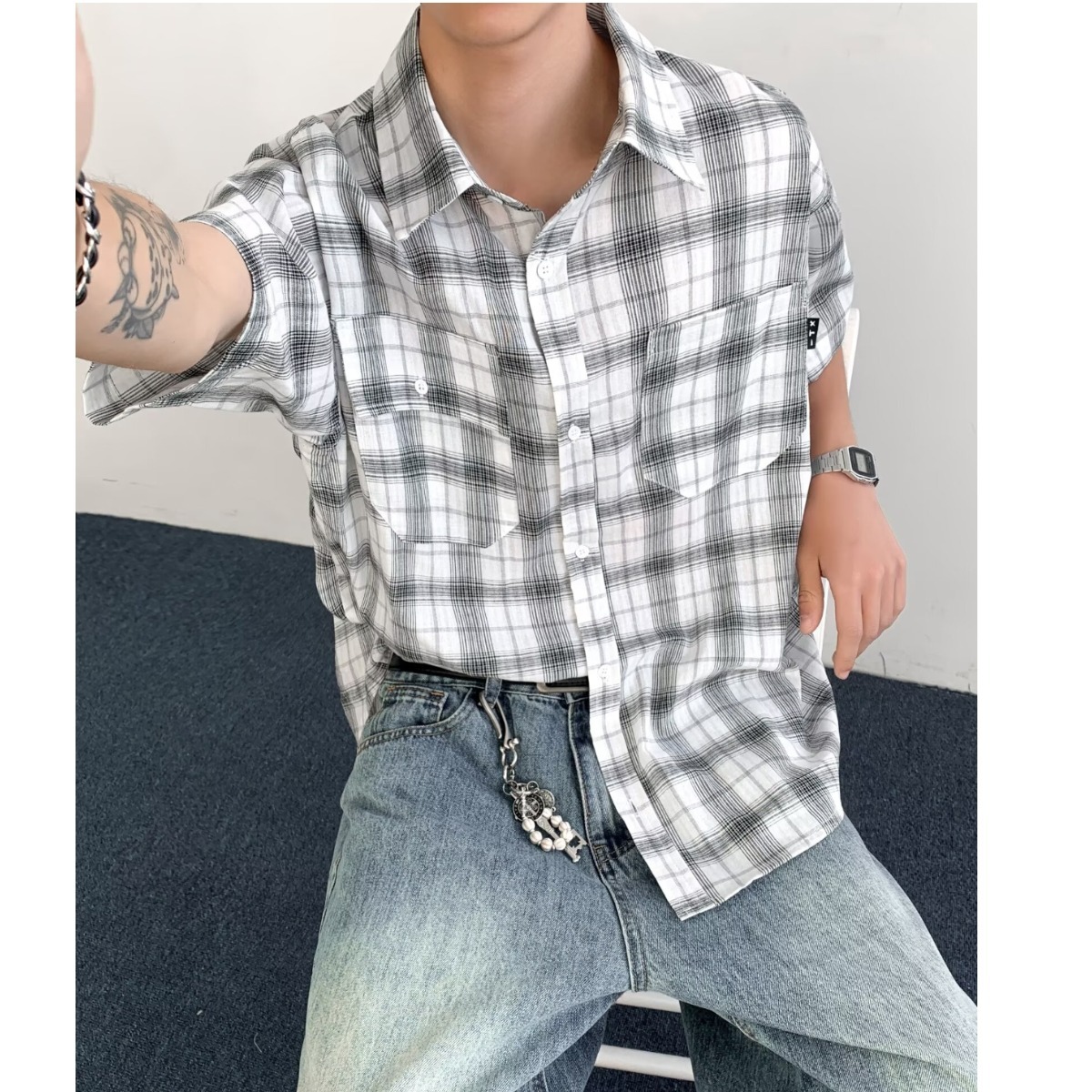 日系格子短袖衬衫男夏季薄款透气