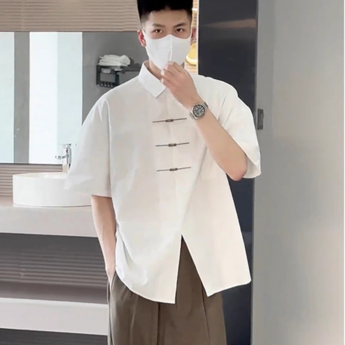新中式冰丝短袖衬衫男潮牌夏季薄