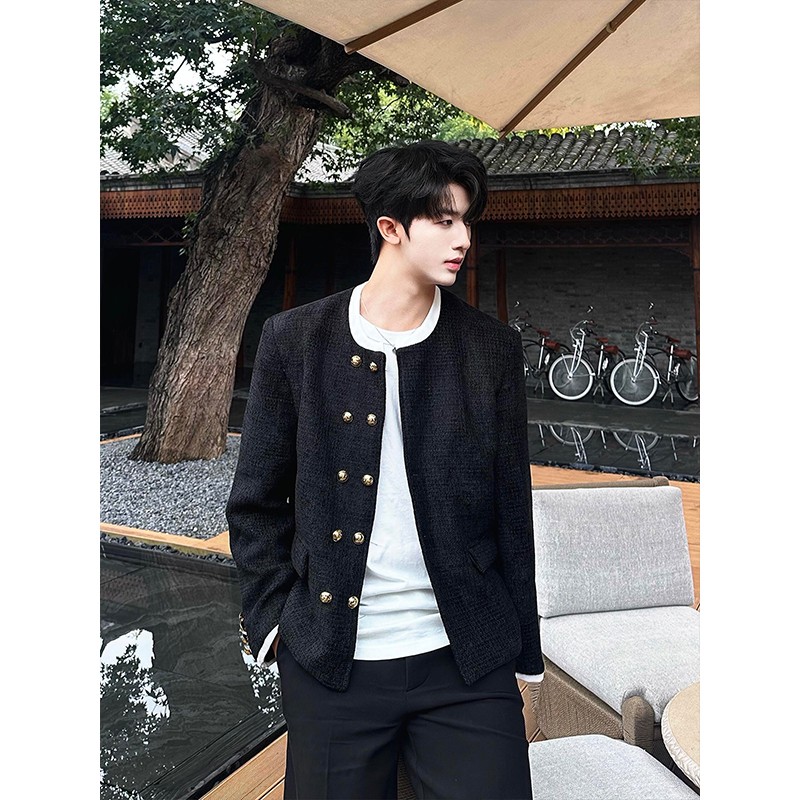 黑白拼接短款小香风毛呢外套男模穿搭cleanfit双排扣无领垫肩夹克