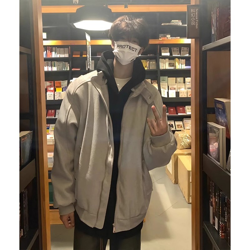 日系简约纯色立领呢子外套男款秋季潮流复古宽松百搭卫衣夹克上衣