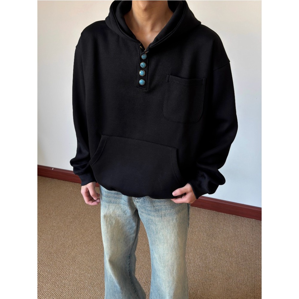 cleanfit重磅排扣灰色卫衣男秋冬款美式复古短款boxy版型连帽外套