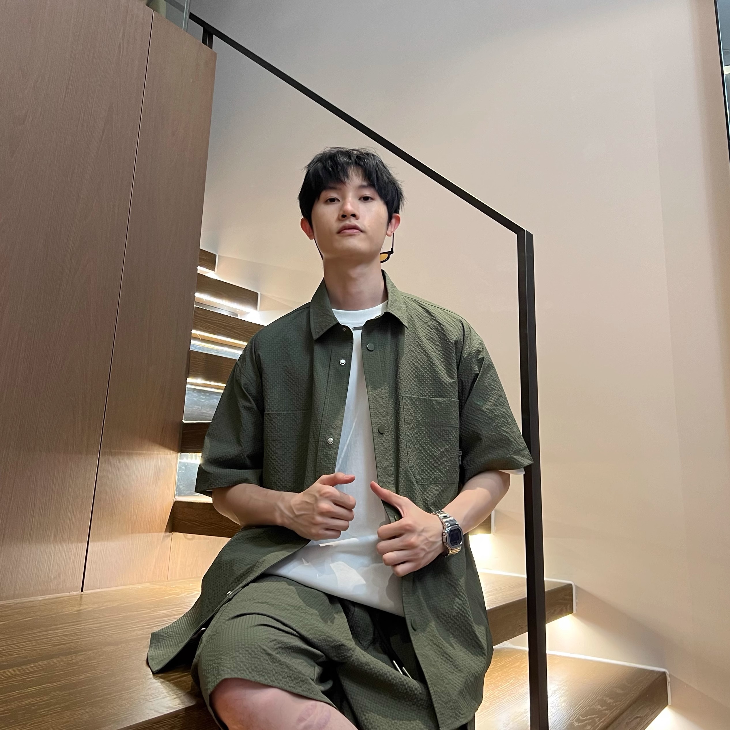 松弛感工装短袖衬衫套装男2025夏
