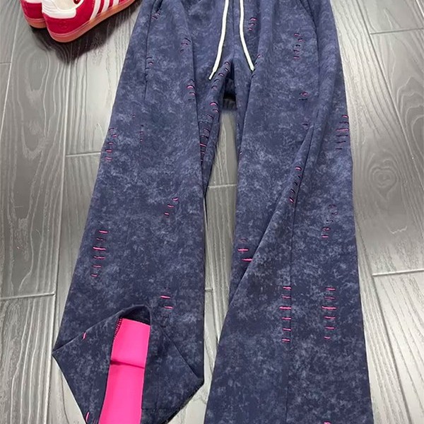 藏青色扎染破洞弯刀卫裤男款秋季重磅显瘦直筒裤子慵懒风休闲长裤