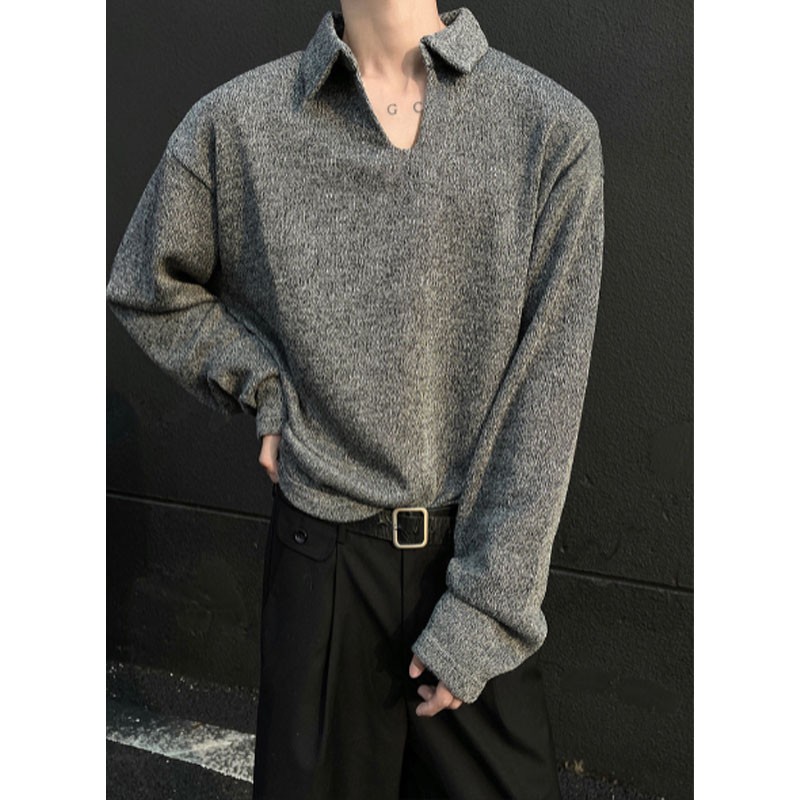 灰色V领针织卫衣男款春秋痞帅高级感老钱风长袖t恤美式翻领POLO衫