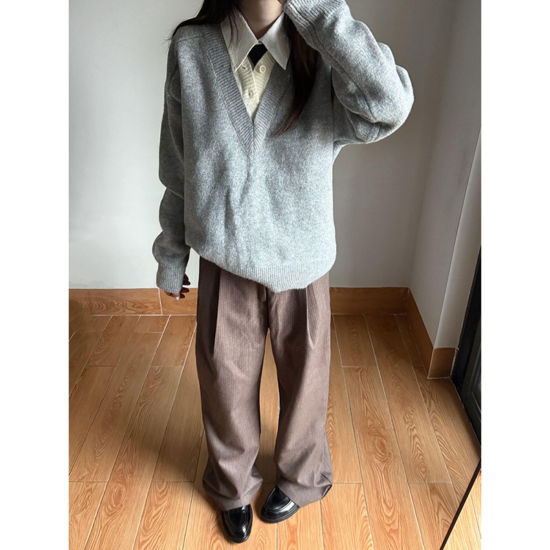 老钱风假两件V领毛衣男款秋冬美式慵懒风针织衫cleanfit正肩外套