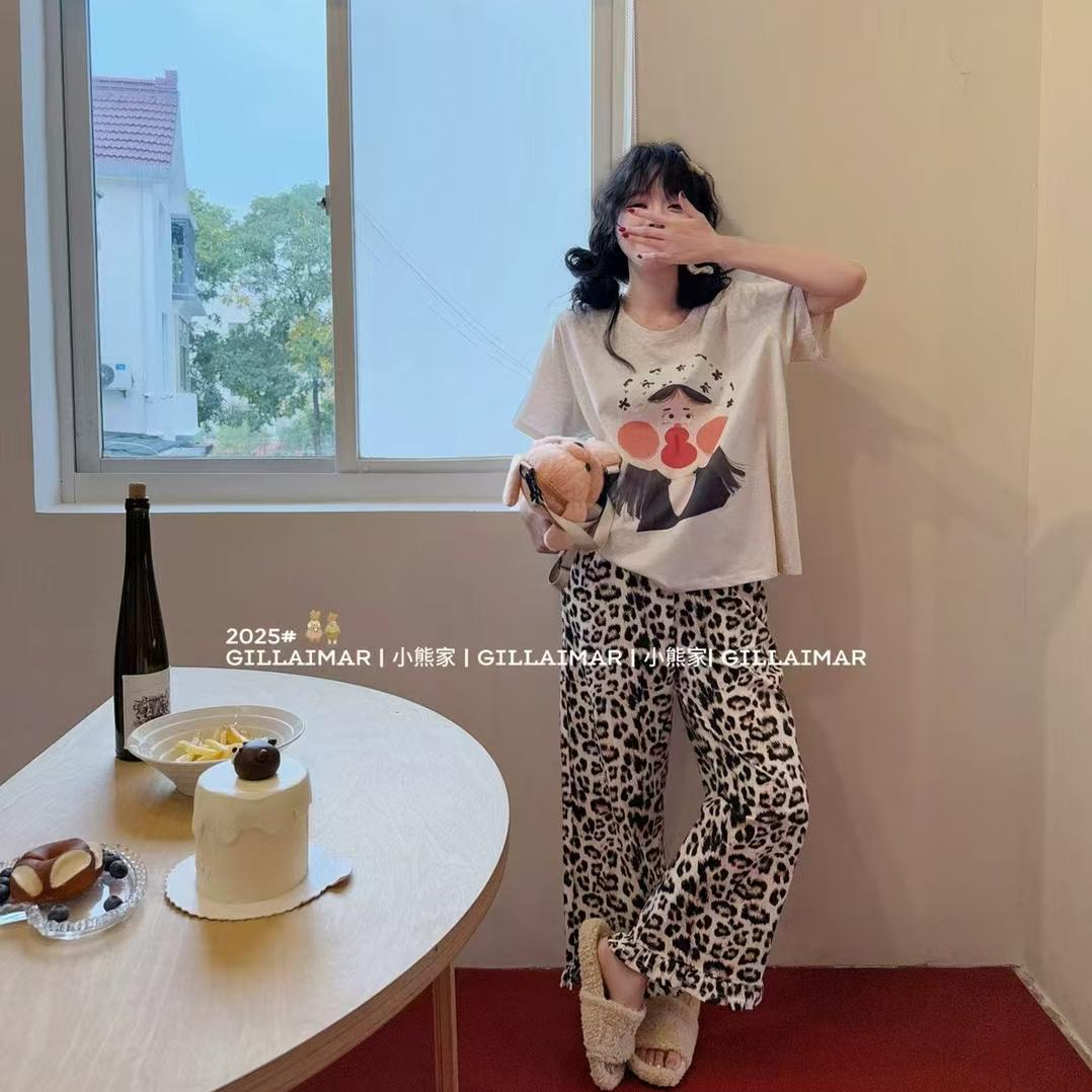 Gill Aimar小熊家家居服夏季新款短袖长裤休闲豹纹可爱女孩棉质薄