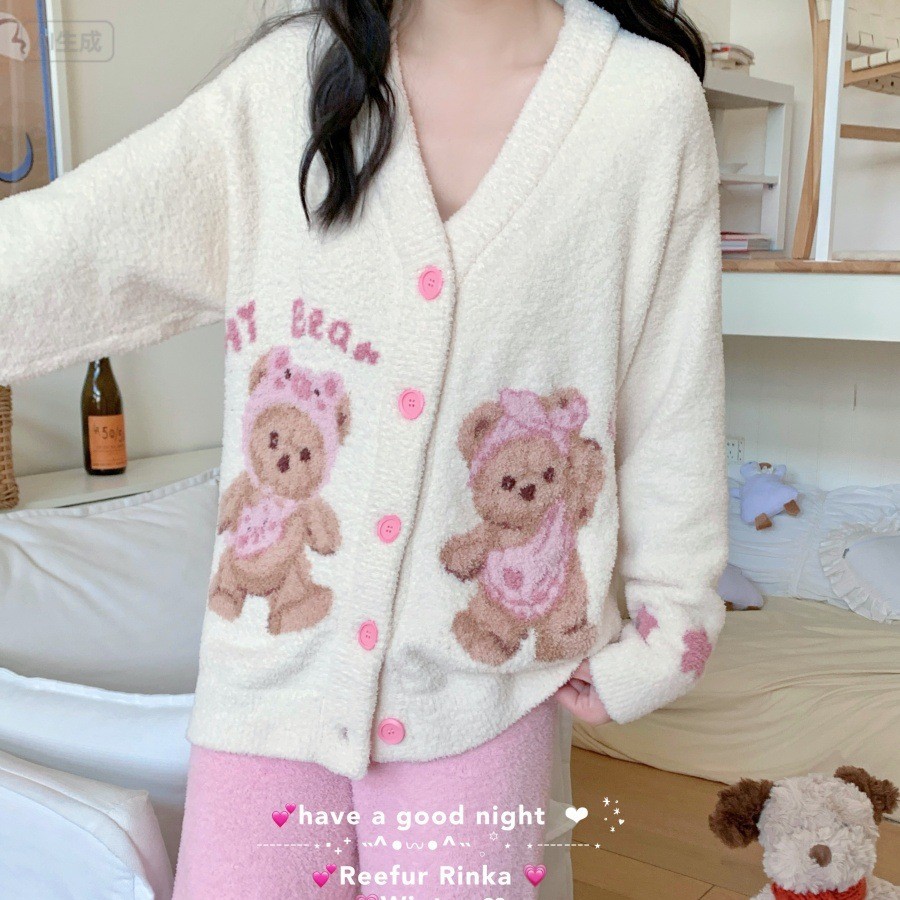 Reefur Rinka梨花家新款半边绒女加厚V领开衫憨萌长袖套装家居服