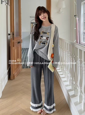 Gill Aimar小熊家睡衣2025秋季新款长袖休闲条纹腊肠狗家居服女