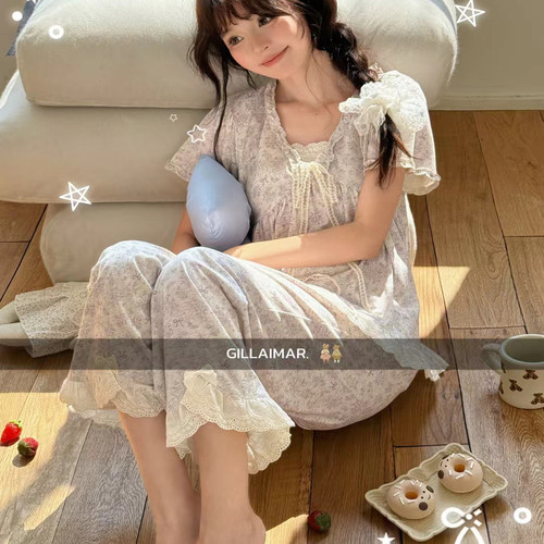 Gill Aimar小熊家睡衣女甜美碎花短袖长裤V领家居服女夏季薄款