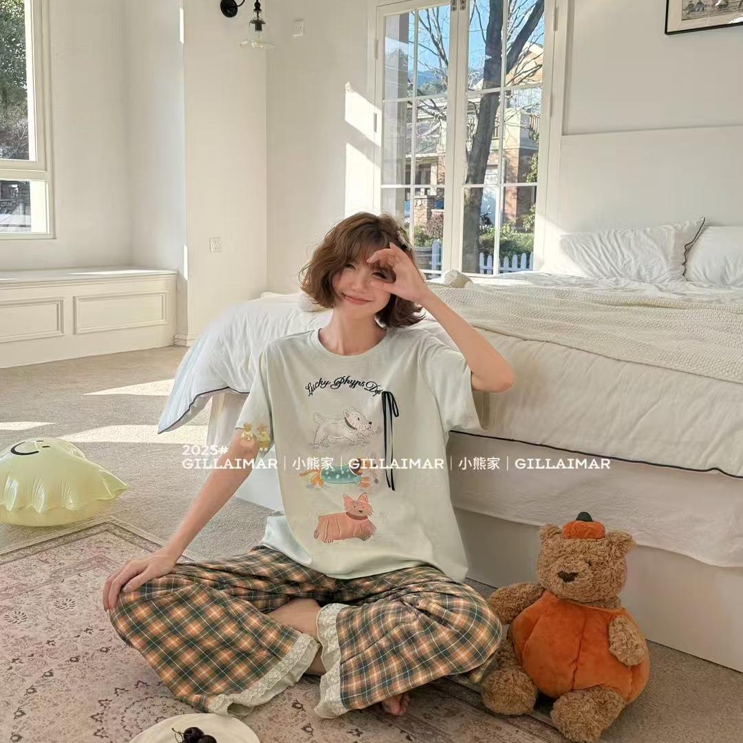 Gill Aimar小熊家家居服2025新短袖长裤可爱狗狗格子韩版甜睡之旅