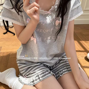 家居服 Gill Aimar小熊家正品 2025夏少女小清新蝴蝶结条纹短袖 短裤