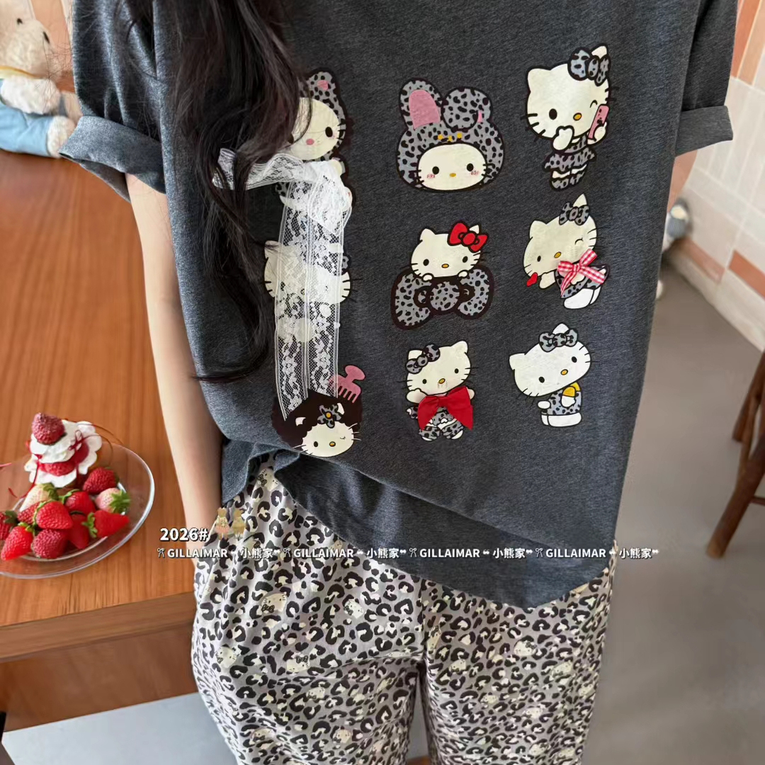 Gill Aimar小熊家正品夏季新短袖长裤kitty猫豹纹家居服少女韩版