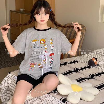 夏季新款纯棉短袖短裤家居服纯棉睡衣卡通KT猫咪休闲宽松韩版