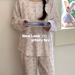 小熊印花圆领针织提花纯棉长袖 100%棉 新款 Say秋季 睡衣女 Fairy