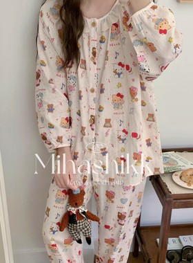 Mihashikk四季新款纯棉双层纱布睡衣女卡通长袖家居服套装薄款