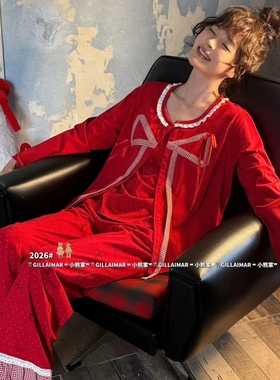 Gill Aimar小熊家红色本命年睡衣女春长袖开衫三件套蝴蝶结家居服