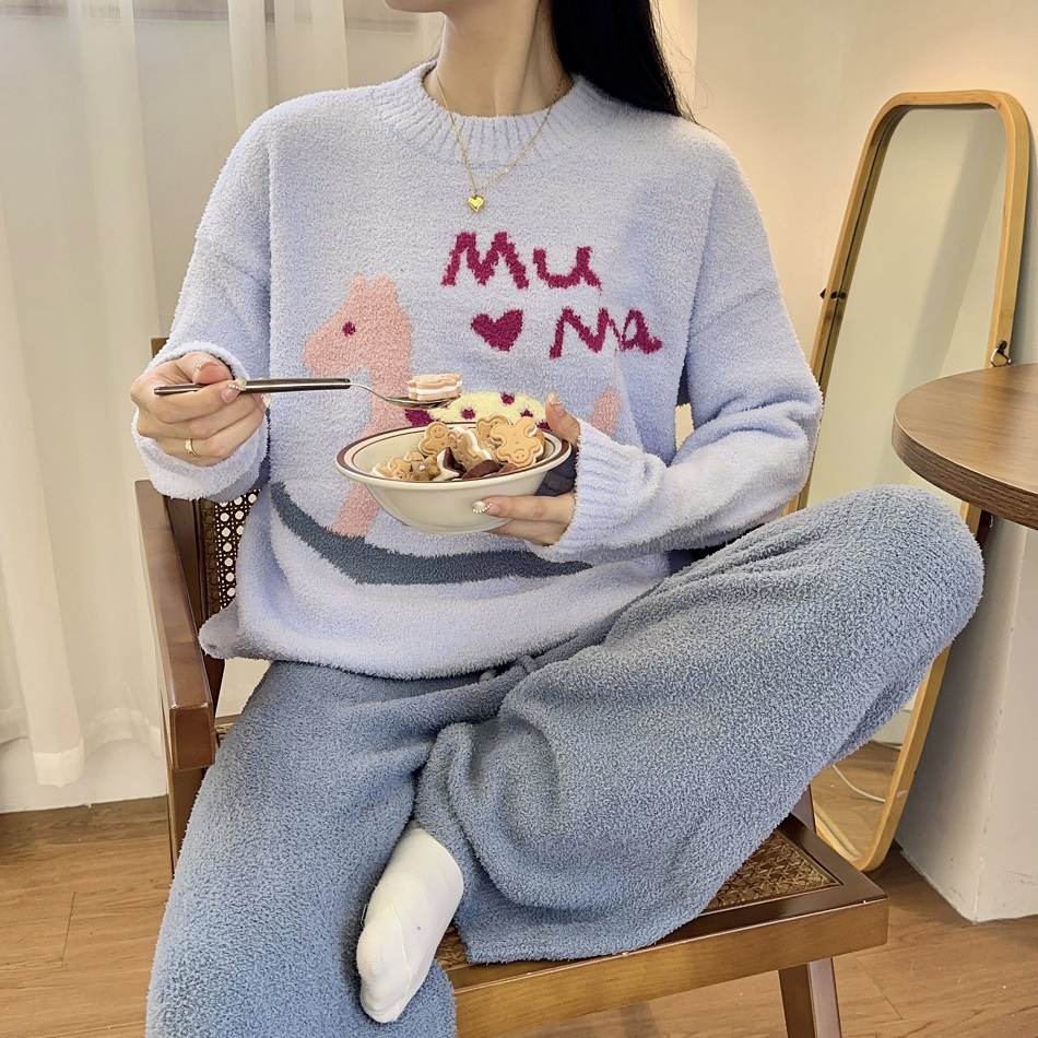 女半边绒卡通木马长袖家居服