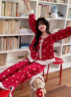 Gill Aimar小熊家春季新款甜美花边长袖红色喜庆家居服本命年