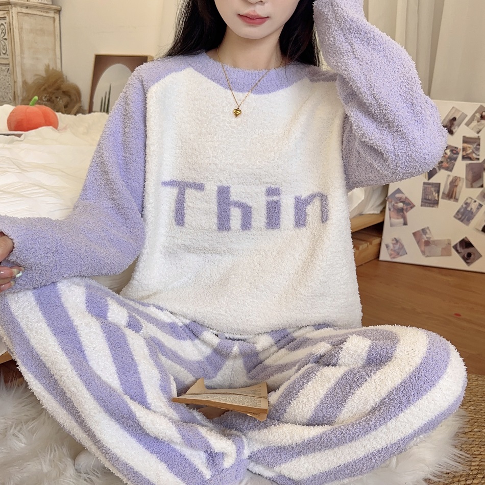 女半边绒线条小清新长袖家居服