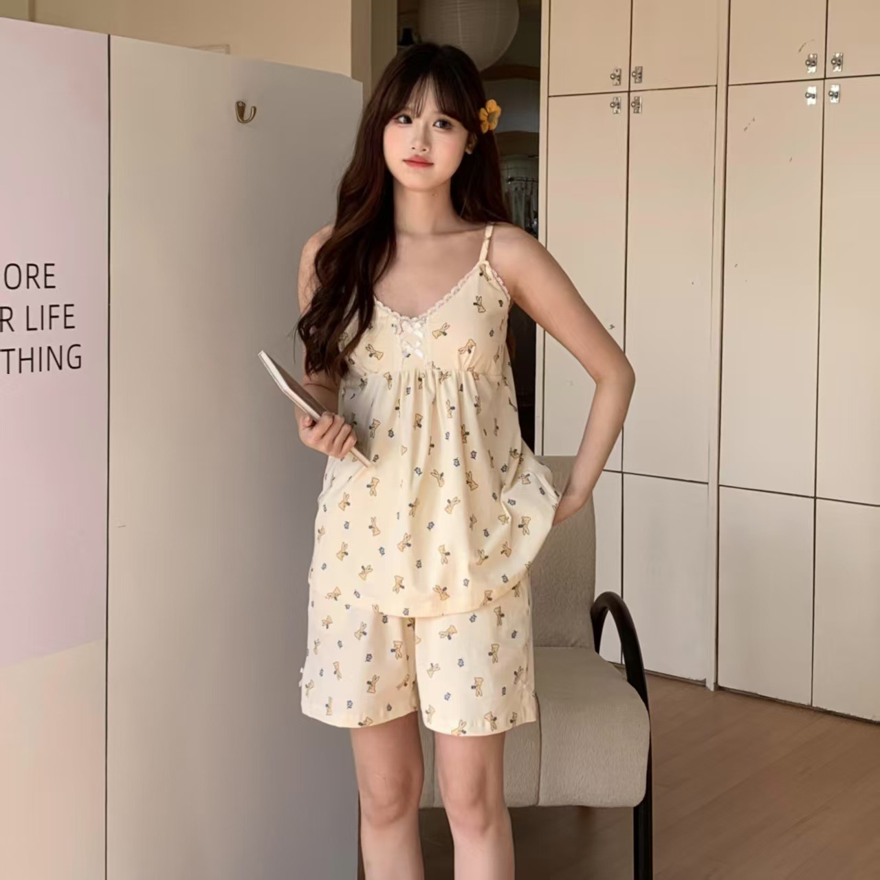夏季新款甜美蕾丝吊带小背心女印花睡衣短裤家居服带胸垫套装