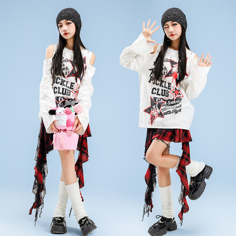 爵士舞服装女童时髦露肩T恤格子短裙走秀服女团韩舞现代舞演出服