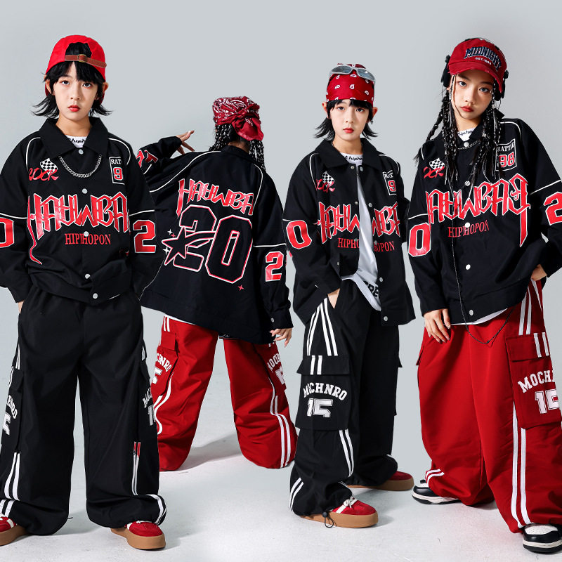 儿童嘻哈街舞红色演出服少儿hiphop男童架子鼓套装女童表演服装潮