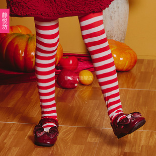 儿童lolita长筒条纹袜圣诞节女童连裤袜日常红色打底裤2025新款