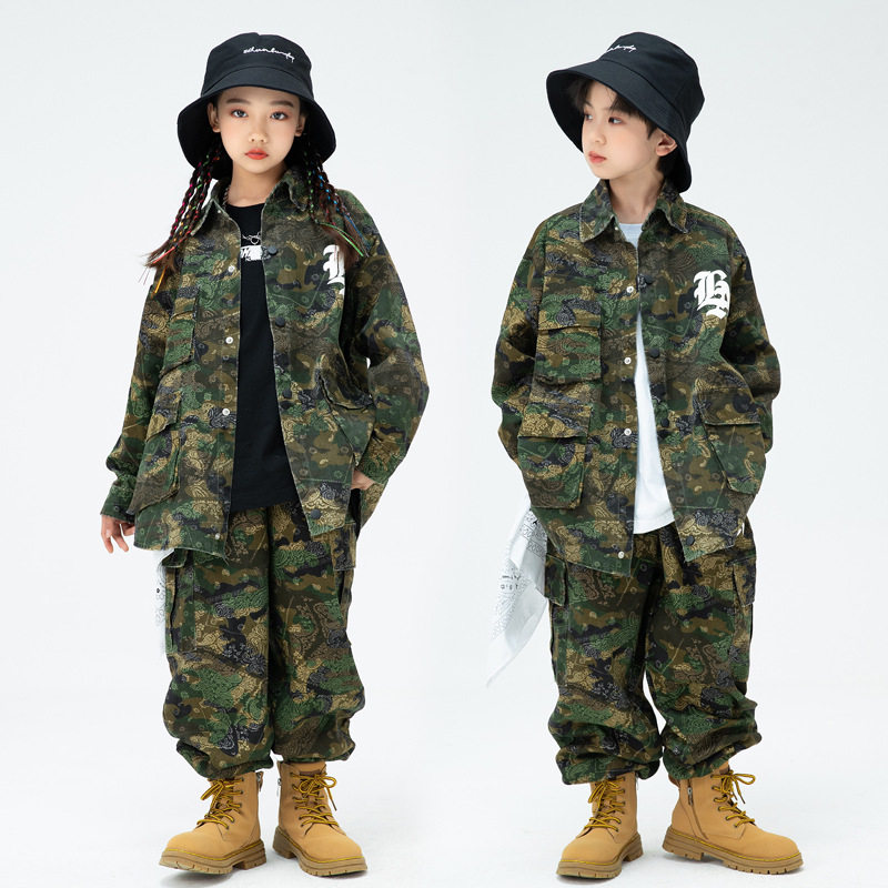 男童女童街舞演出服迷彩套装街舞爵士舞儿童hiphop走秀服潮嘻哈服