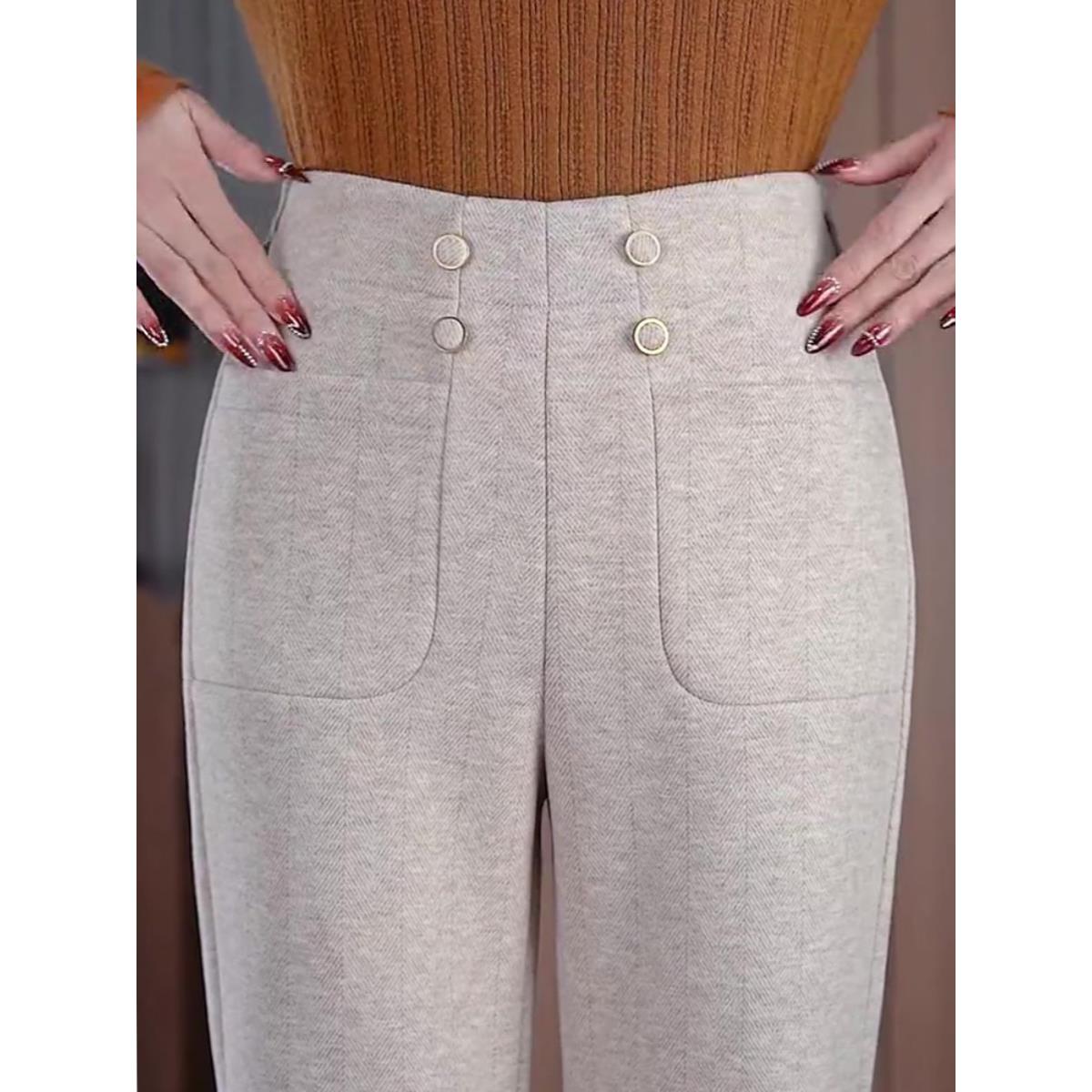 毛呢裤女秋冬小个子杏色高腰显瘦