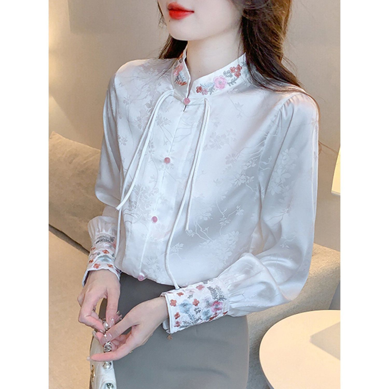 国风长袖雪纺衬衫女春秋2024