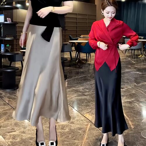 法式垂感醋酸缎面鱼尾半身裙女