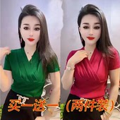 小衫 欧洲站夏季 洋气体桖潮 T恤女修身 交叉百搭上衣半袖 新款 V领短袖