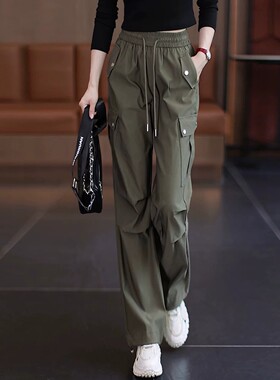 军绿色工装裤女春夏款松紧腰阔腿裤2026新款大码显瘦休闲裤垂坠感