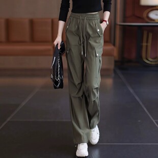 军绿色工装裤女春夏款松紧腰阔腿裤2026新款大码显瘦休闲裤垂坠感