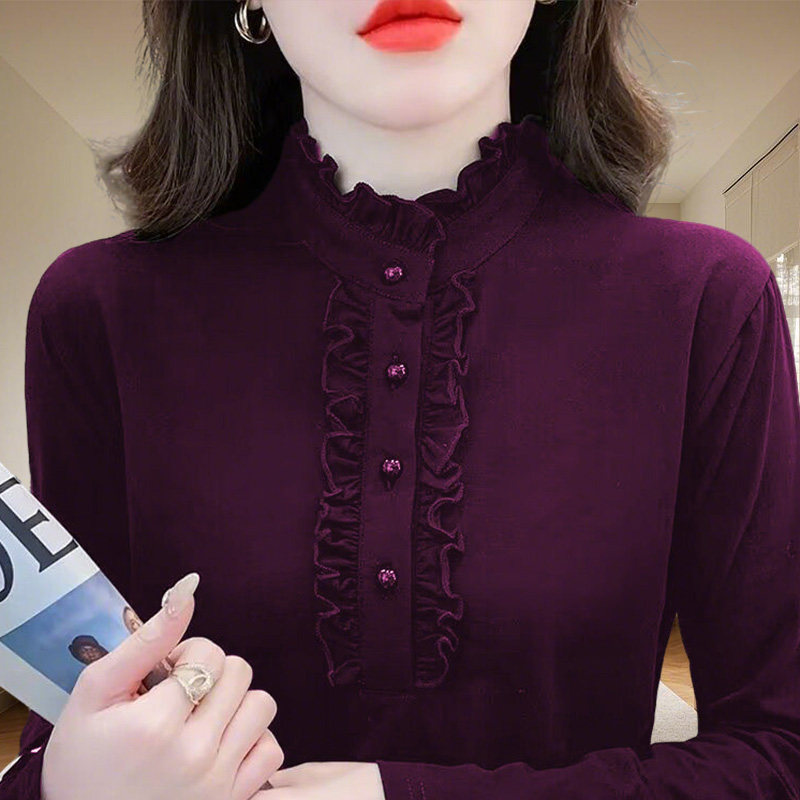 秋冬季高档气质木耳边打底衫女妈妈装修身内搭保暖长袖上衣女