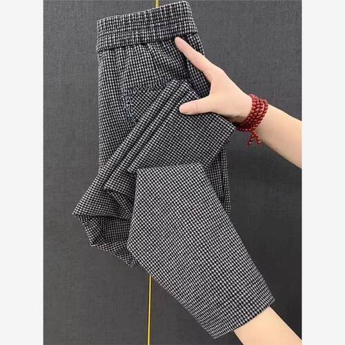 千鸟格九分小脚显瘦高腰直筒裤子