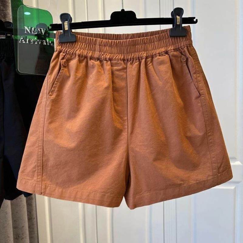 纯棉松紧腰休闲短裤女2025夏季韩版新款高腰口袋纽扣拼接阔腿裤子,男装,休闲裤,淘宝优惠券,粉丝福利购,淘宝优惠卷