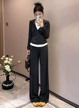 套装女秋2026新款爆款高级感连帽假两件长袖上衣休闲阔脚裤两件套