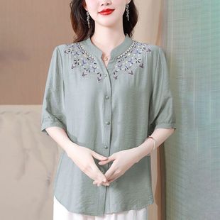绣花棉质上衣新中式 夏装 妈妈时尚 女短袖 洋气减龄小衫 宽松遮肚衬衫